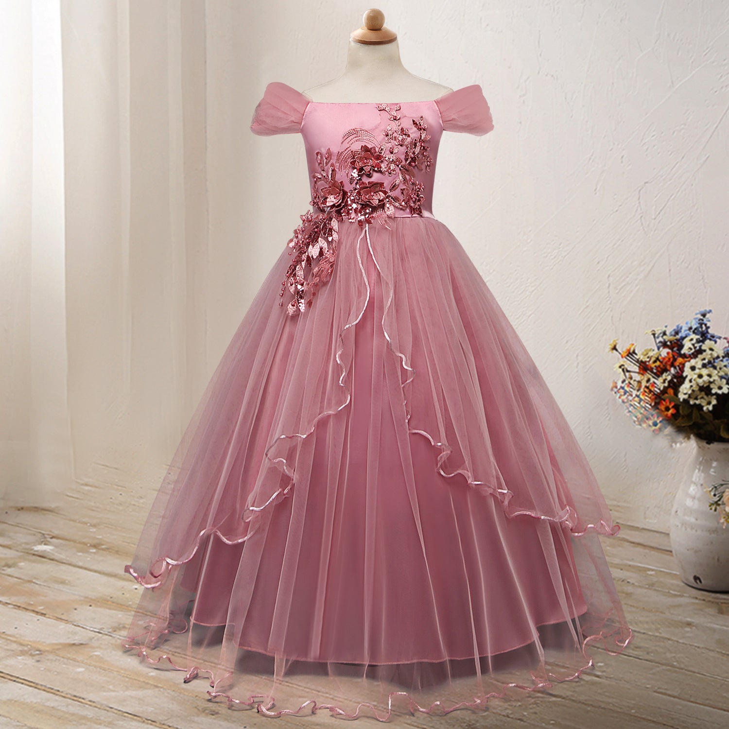 One-Shoulder Princess Flower Dress