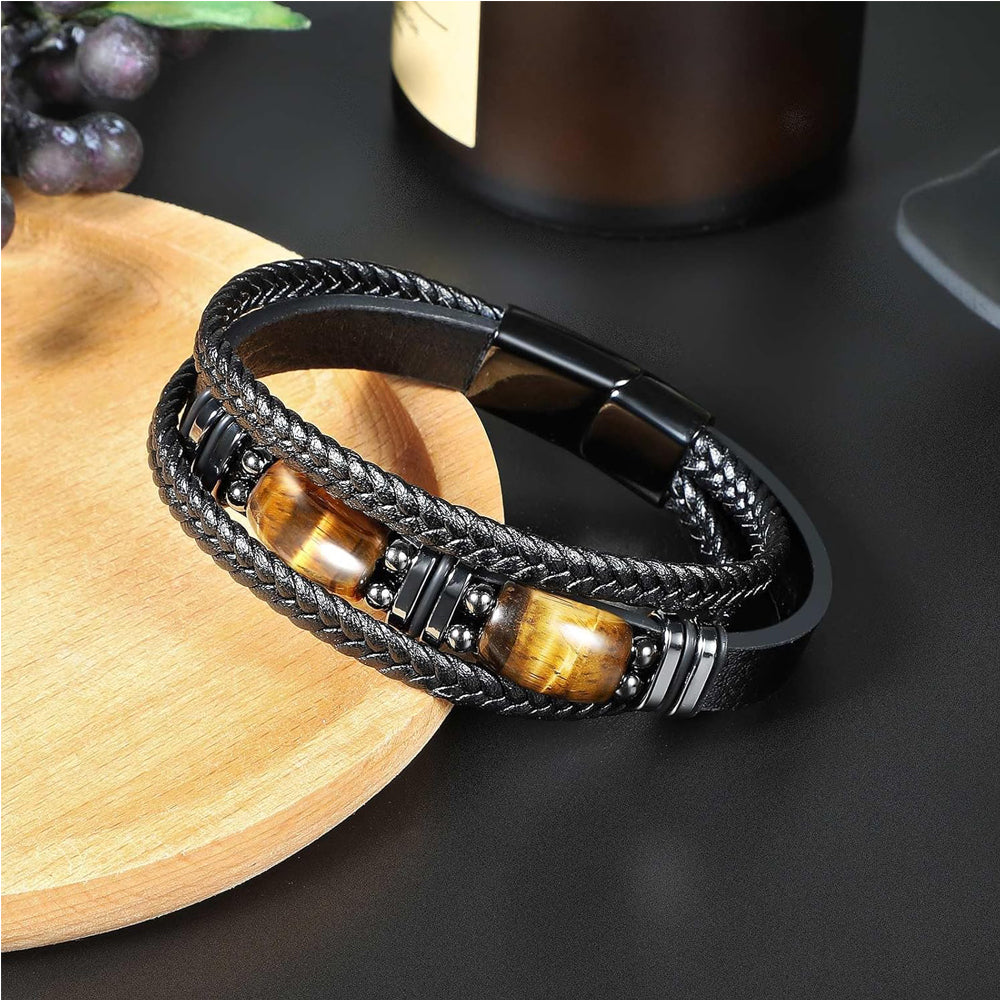 Tiger Eye Stone Braided Leather Bracelet
