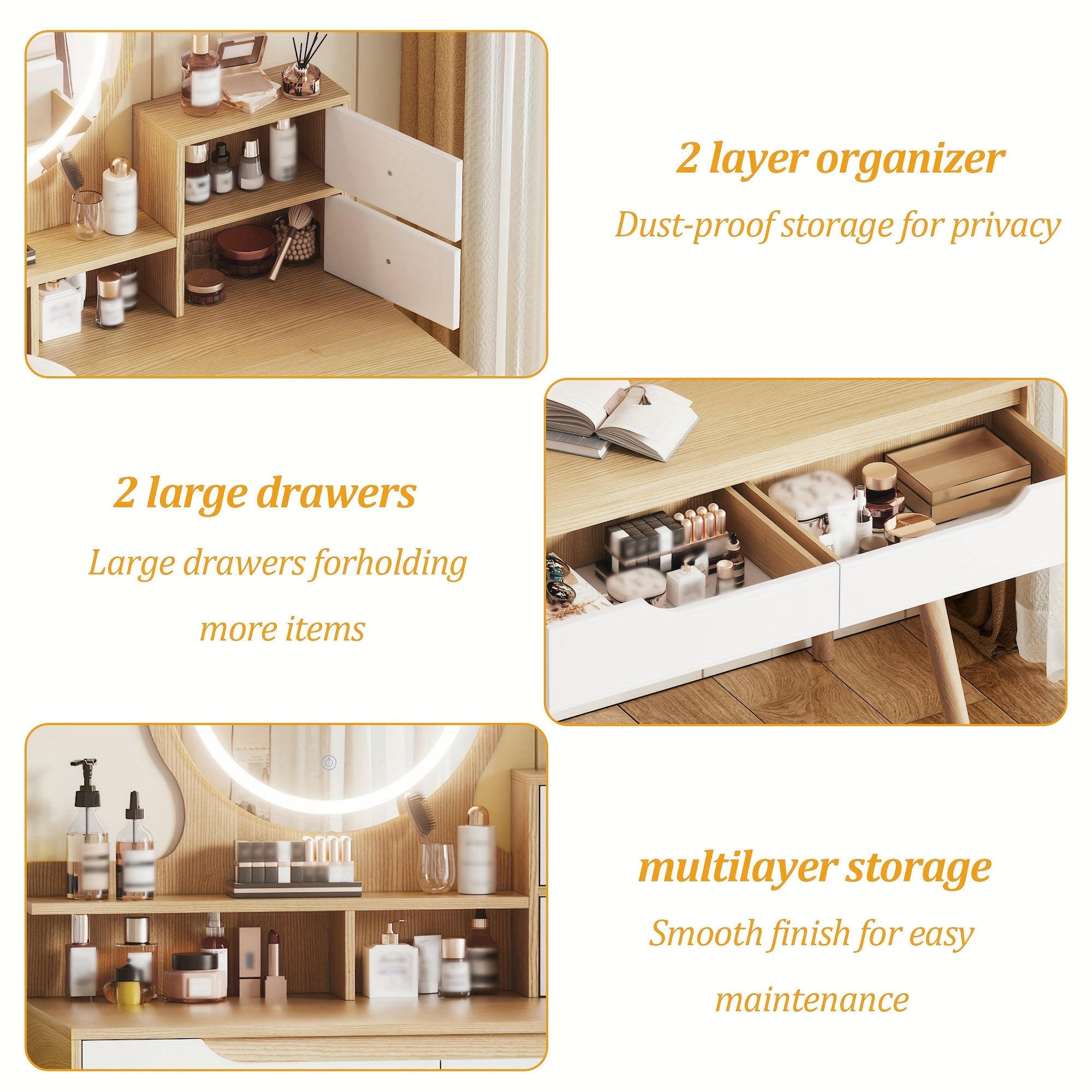 Vanity Desk with 3-Mode Lighted Mirror & 4 Drawers