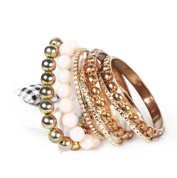 7-Piece Retro Burnished Gold Inlaid Rhinestones Bangle Bracelet Set