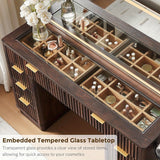 48-inch Fluted Makeup Vanity Desk with Large LED Lighted Mirror, 8 Drawers & Charging Station - Glass Top Modern Dressing Table with Adjustable Lighting, Hardwood Construction, Grey Tones, Space-Saving Design for Bedroom