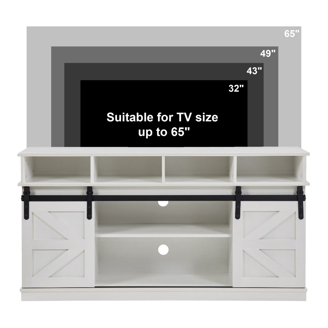 Sliding Barn Door TV Stand with Adjustable Shelves – White Farmhouse Entertainment Center
