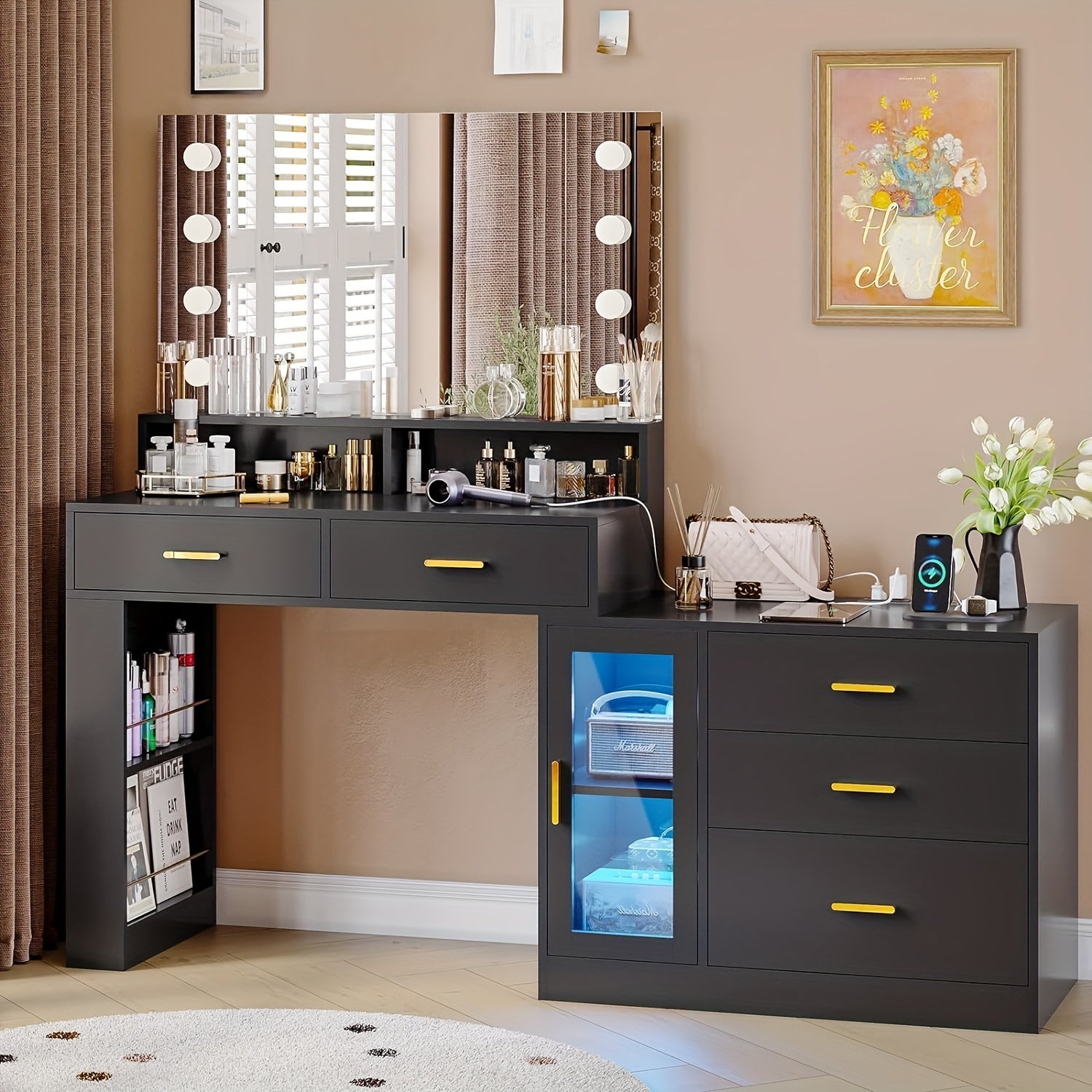 Black Vanity Desk with Mirror, Lights & USB Ports