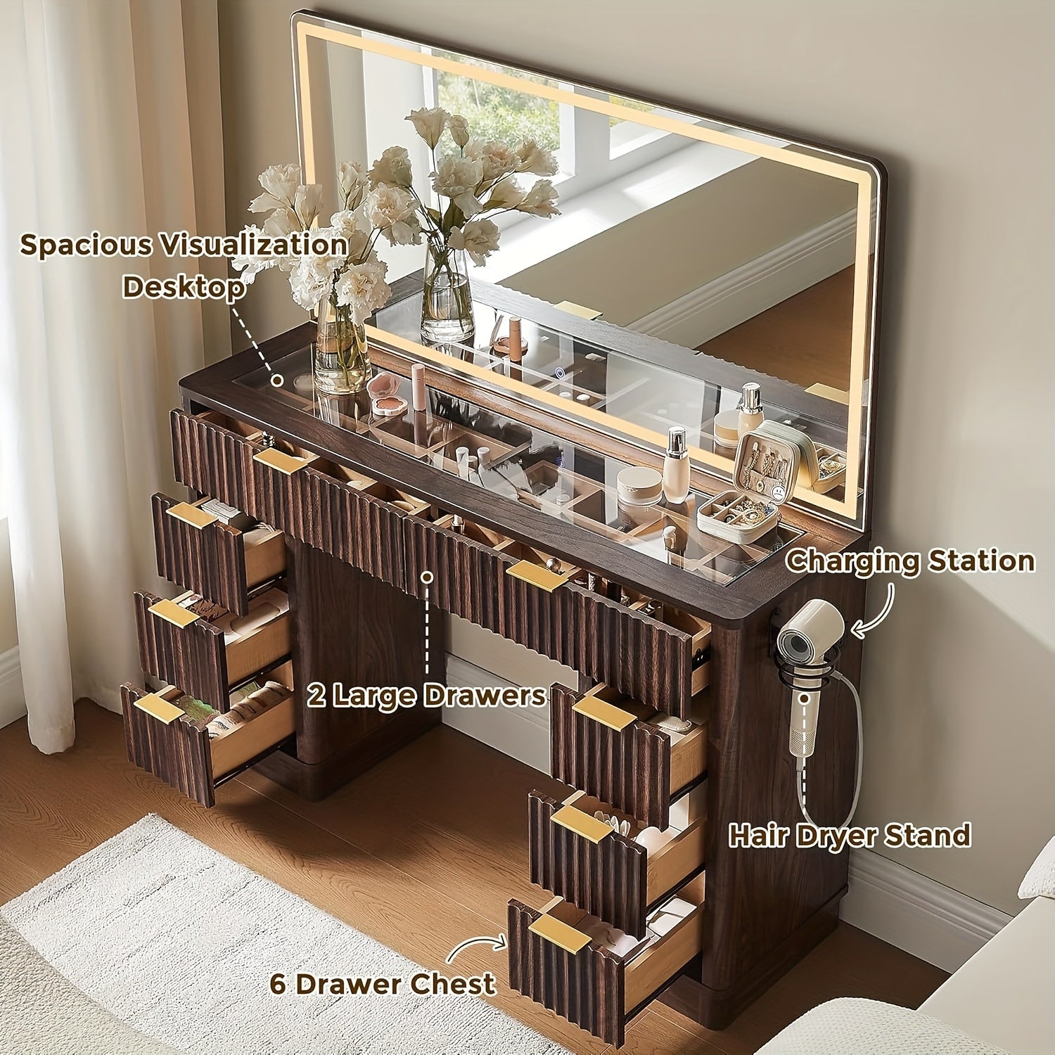 48-inch Fluted Makeup Vanity Desk with Large LED Lighted Mirror, 8 Drawers & Charging Station - Glass Top Modern Dressing Table with Adjustable Lighting, Hardwood Construction, Grey Tones, Space-Saving Design for Bedroom