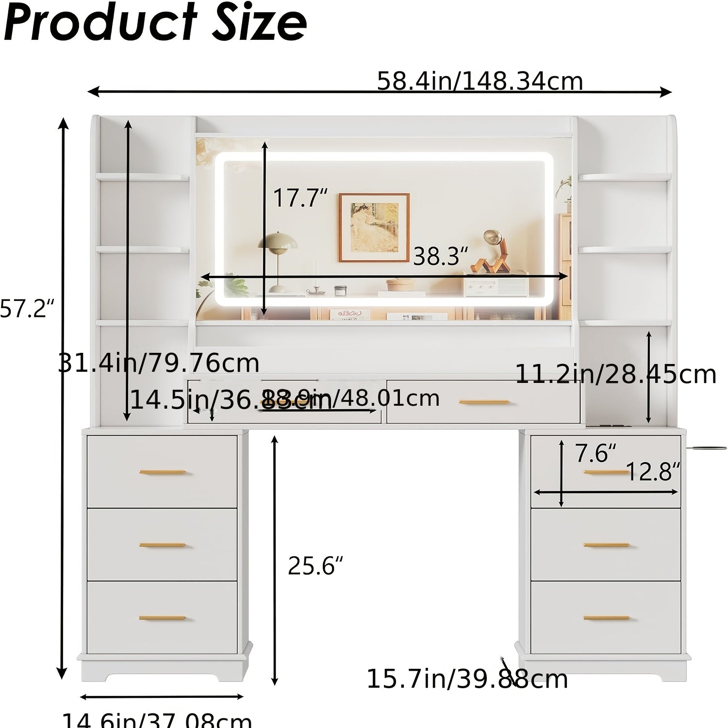 59in Vanity Desk with HD Mirror & 8 Drawers