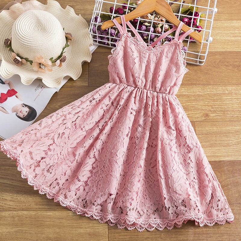 Girls Embroidered Lace Suspender Dress