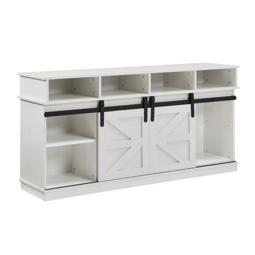 Sliding Barn Door TV Stand with Adjustable Shelves – White Farmhouse Entertainment Center
