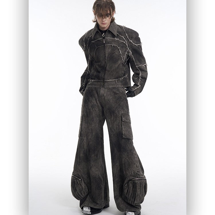 Short Gray Padded Shoulder Denim Coat