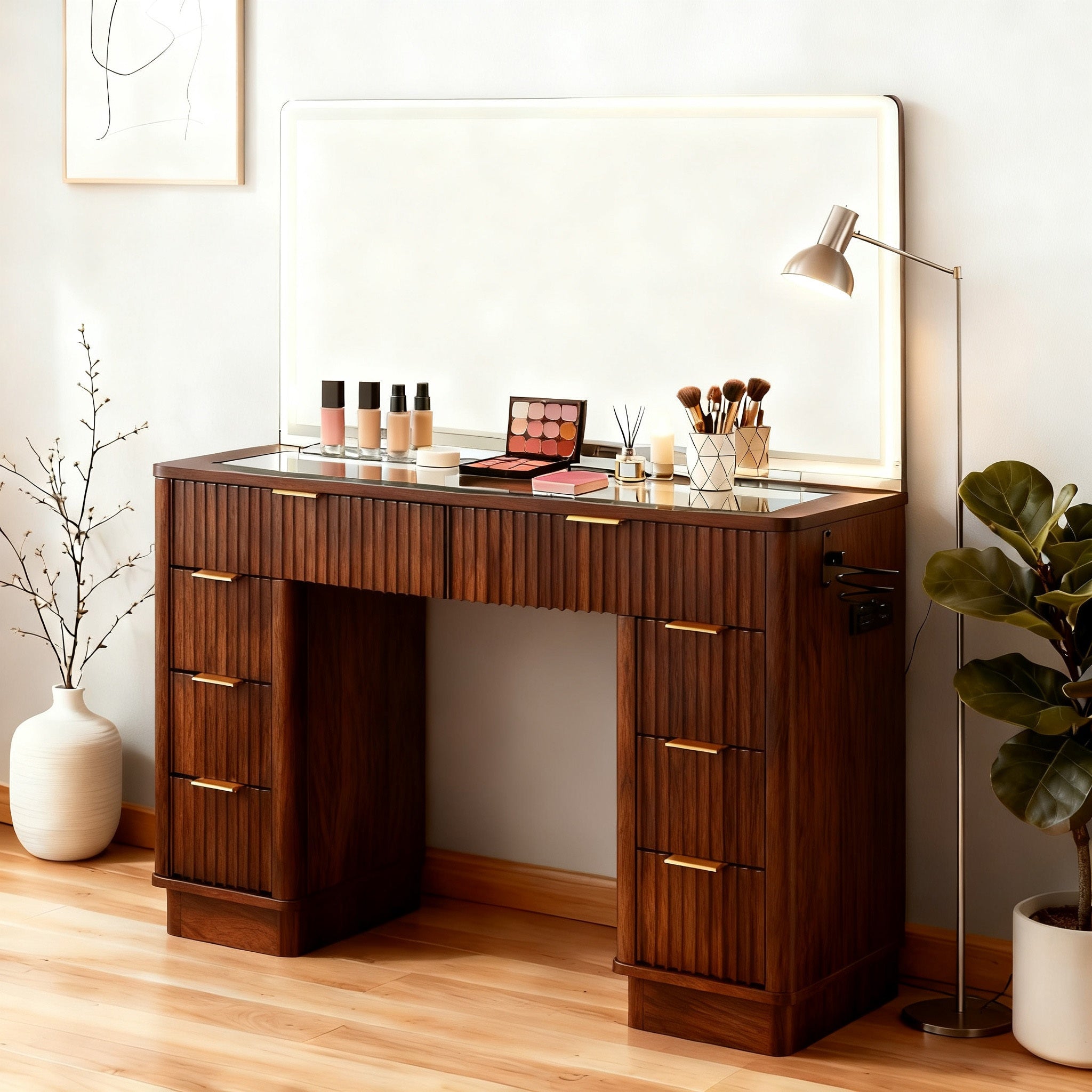 48-inch Fluted Makeup Vanity Desk with Large LED Lighted Mirror, 8 Drawers & Charging Station - Glass Top Modern Dressing Table with Adjustable Lighting, Hardwood Construction, Grey Tones, Space-Saving Design for Bedroom