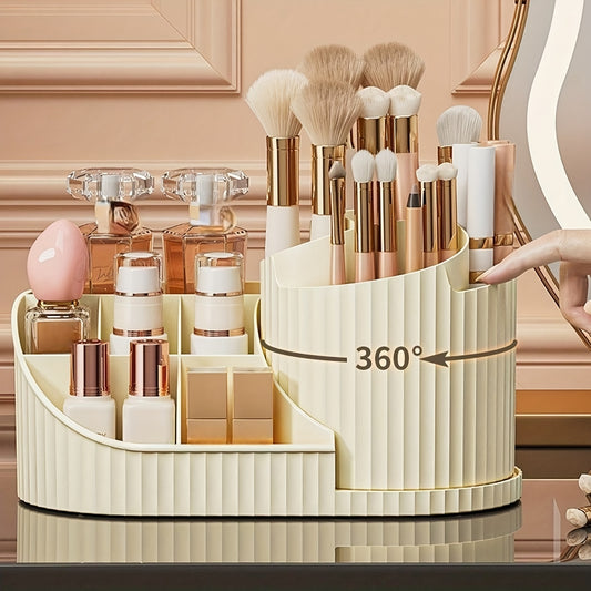 360° Rotating Makeup Organizer - Compact Durable Plastic Vanity Storage Box with Multiple Compartments for Brushes, Lipsticks, Skincare & Cosmetics - Space-Saving Design, Elegant Home Decor for Dressing Table, Makeup Vanity