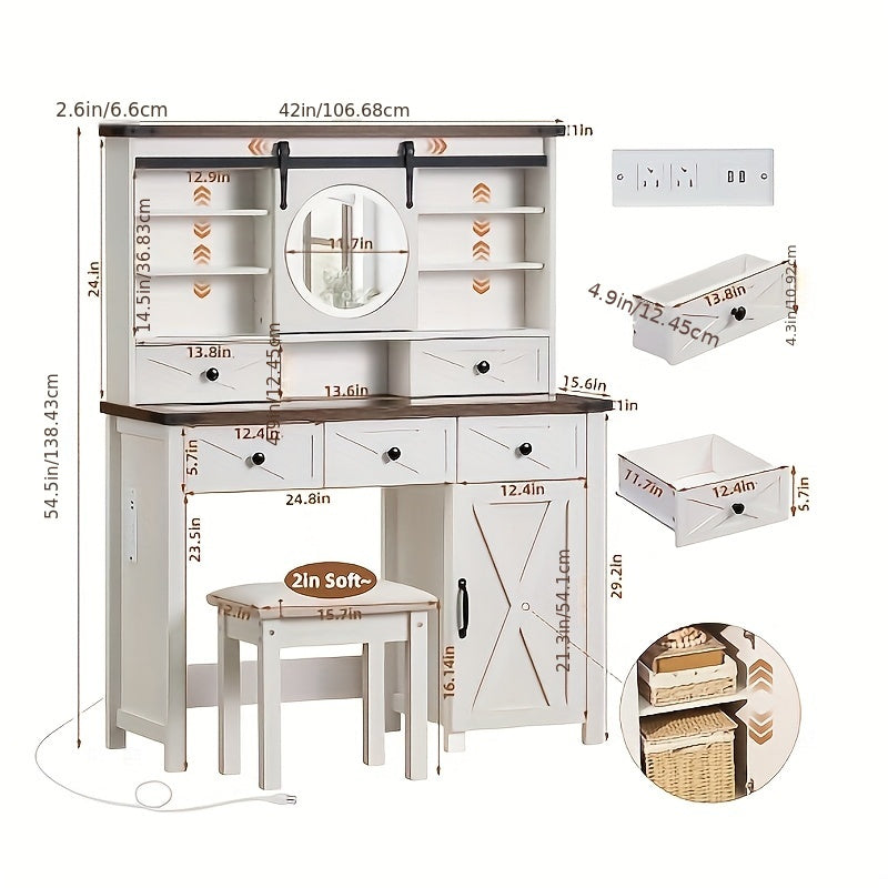42in Farmhouse Vanity Set with Sliding Mirror & Stool