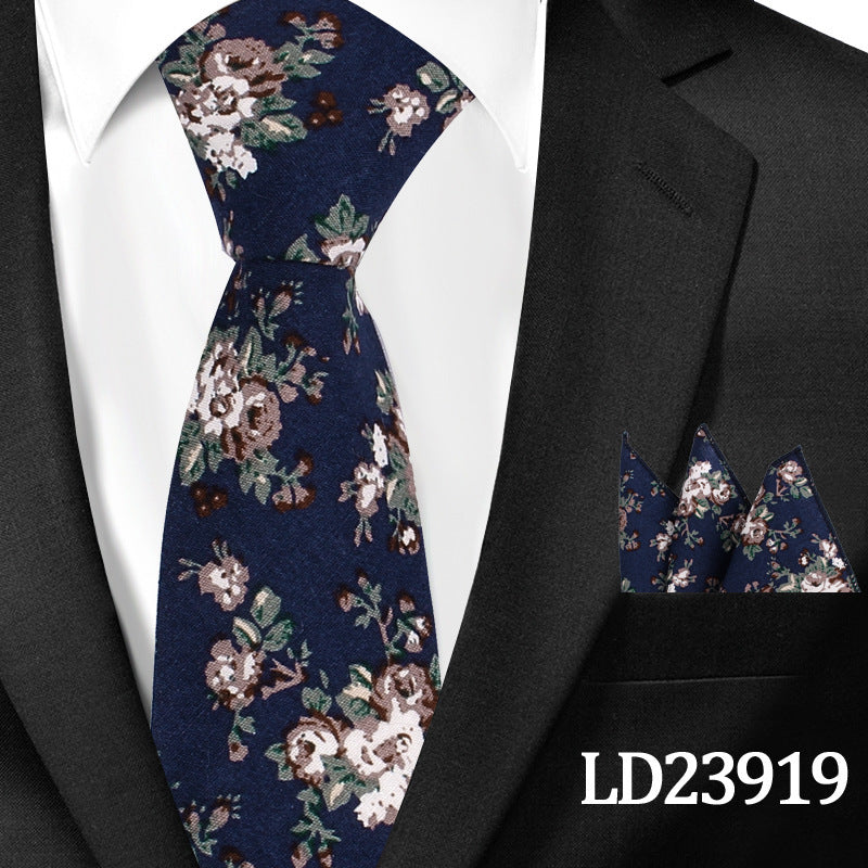 Casual Cotton Floral Print 6cm Casual Tie Pocket Square Suit