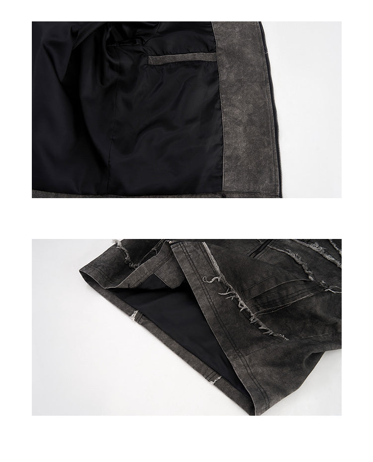 Short Gray Padded Shoulder Denim Coat