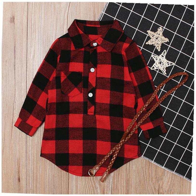 Girls' Long Red Plaid Dress with Belt